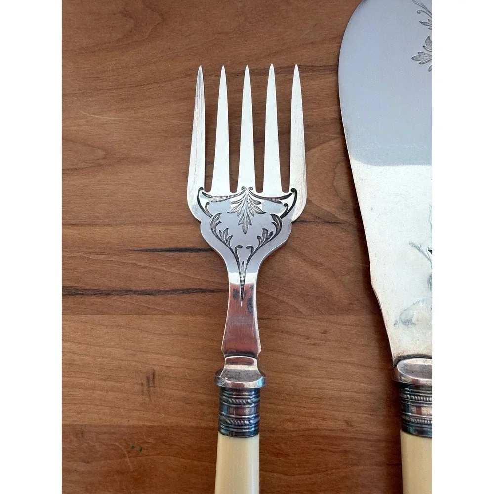 Antique HH EPNS Engraved Fish Serving Set with Faux‎ Bone Handles